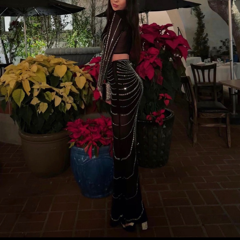 Rhinestones two piece crop top maxi skirt sheer set - Picture 3 of 7